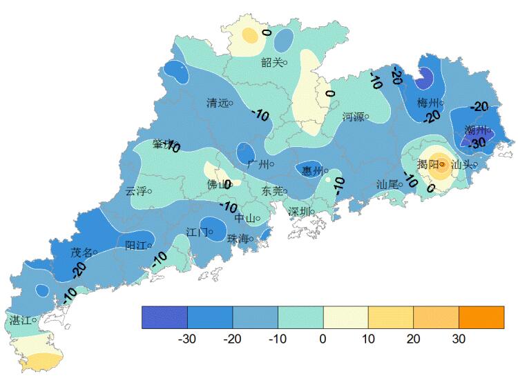 图3 2019年6月日照时数(h),日照时数距平百分率(%)