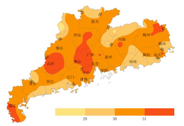 图1 7月10-16日广东省平均气温分布图(℃)