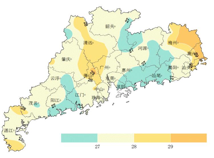 图1 7月31日-8月6日广东省平均气温分布图(℃)