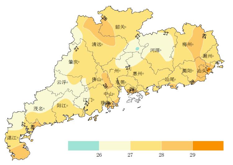 图1 8月14-20日广东省平均气温分布图(℃)