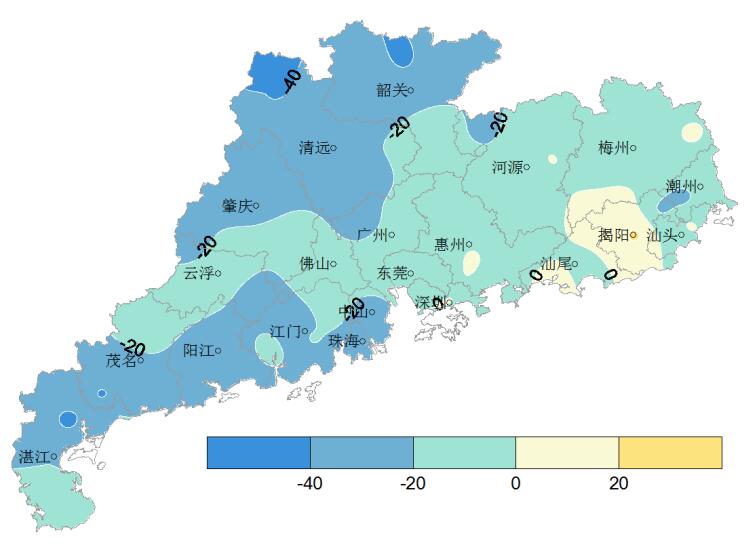 图3 7月12-19日广东省日照时数(小时,日照距平百分率)