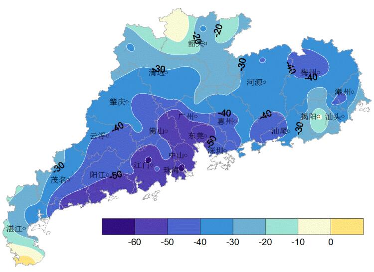 图3 7月19-25日广东省日照时数(小时,日照距平百分率)