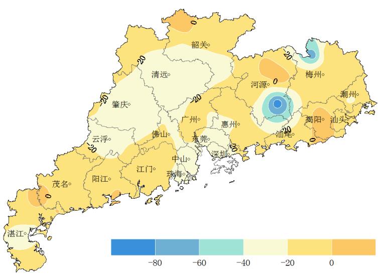 图3 8月23～29日广东省日照时数(小时,日照距平百分率)