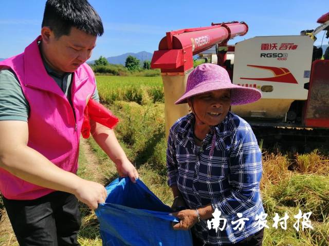 联合社理事长周鑫（左一）帮农户抬稻米 